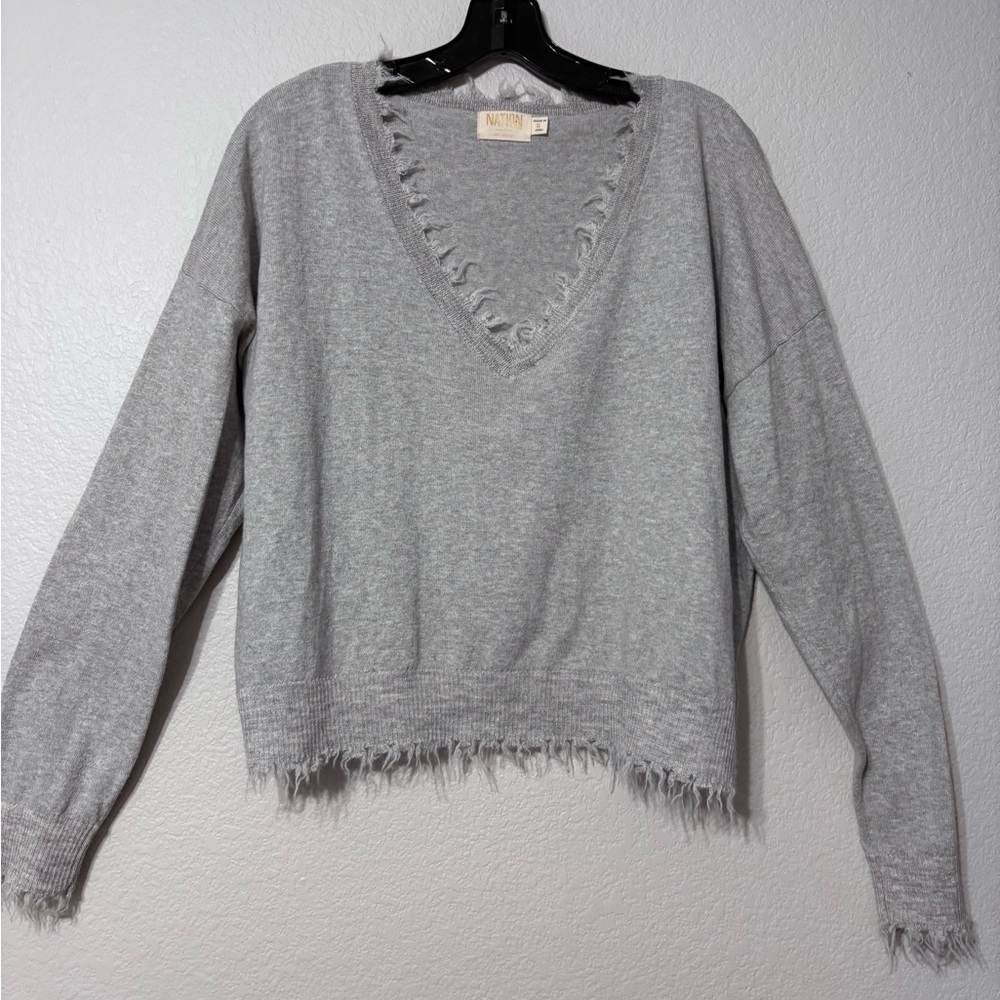 Nation‎ LTD Elegant Gray V-Neck Sweater with Frayed Hem Very Soft Relaxed Fit.